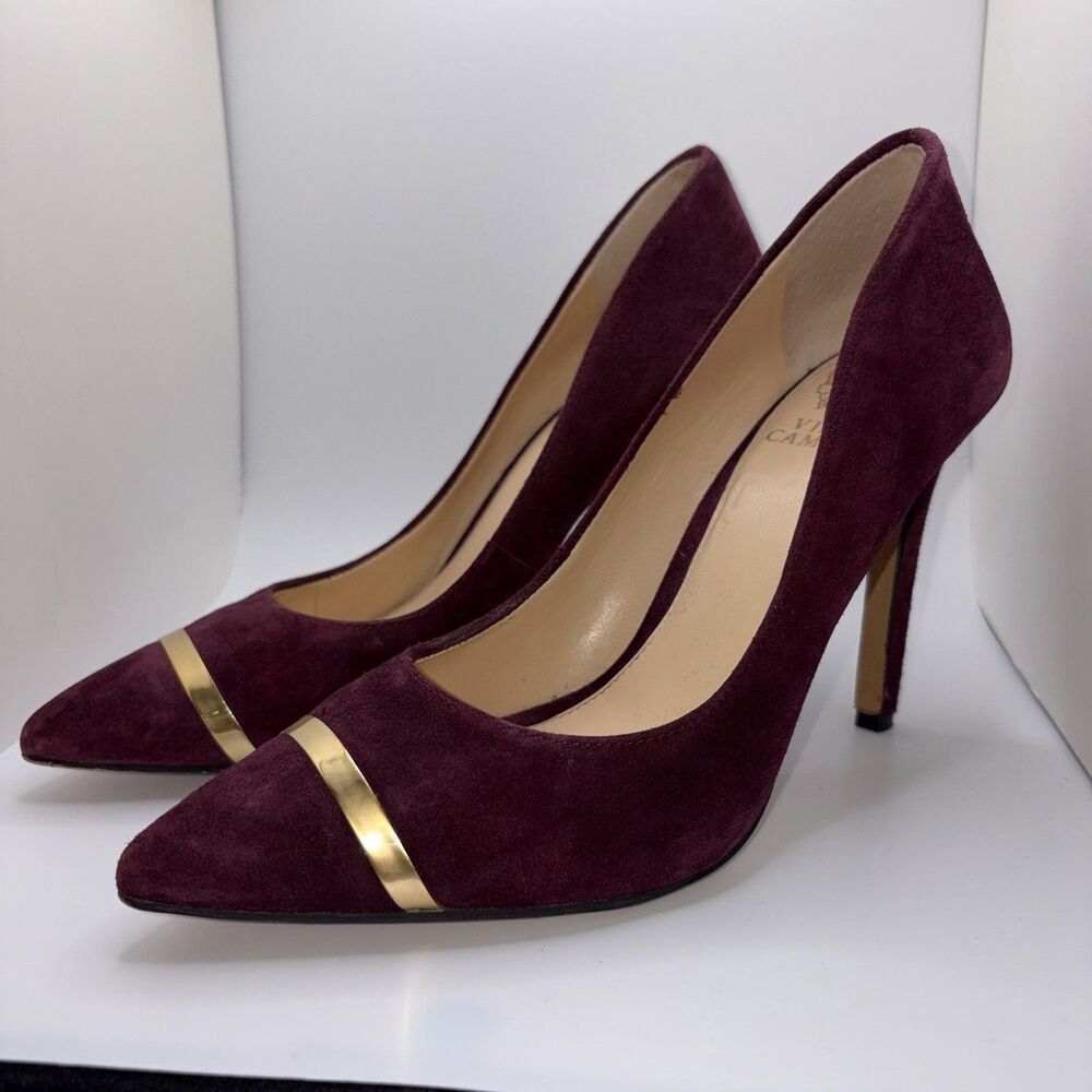 Burgundy Suede Pumps 7.5 Gold Cap Toe Pointed Classic Office Core Heels Office